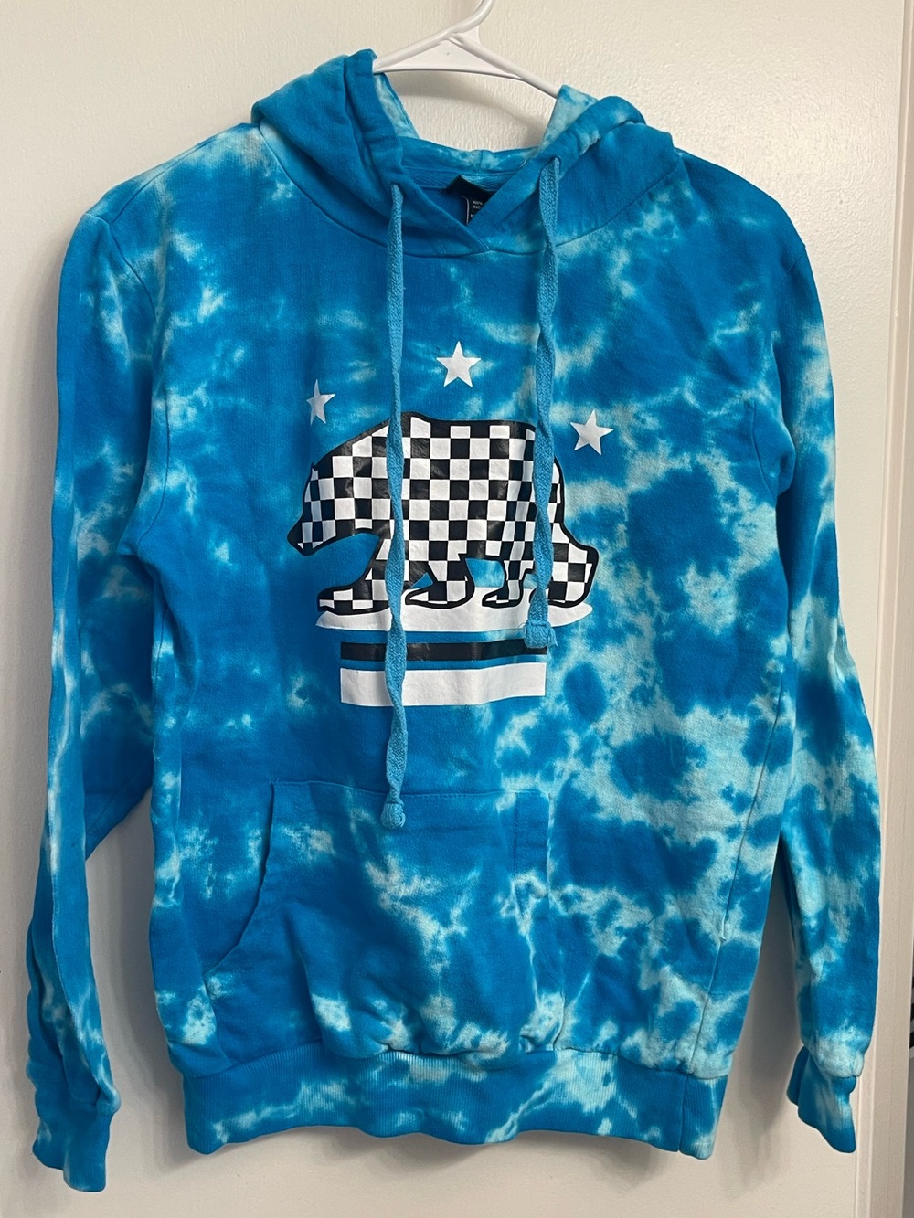 Rue21 Blue Tie-Dye Hoodie with Checkerboard Bear Graphic